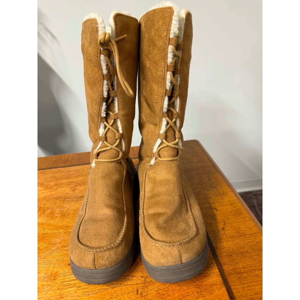 Bamboo Womens 7.5 Brown Faux Suede Mid Calf Boots Faux Fur Trim Lace Up Trim